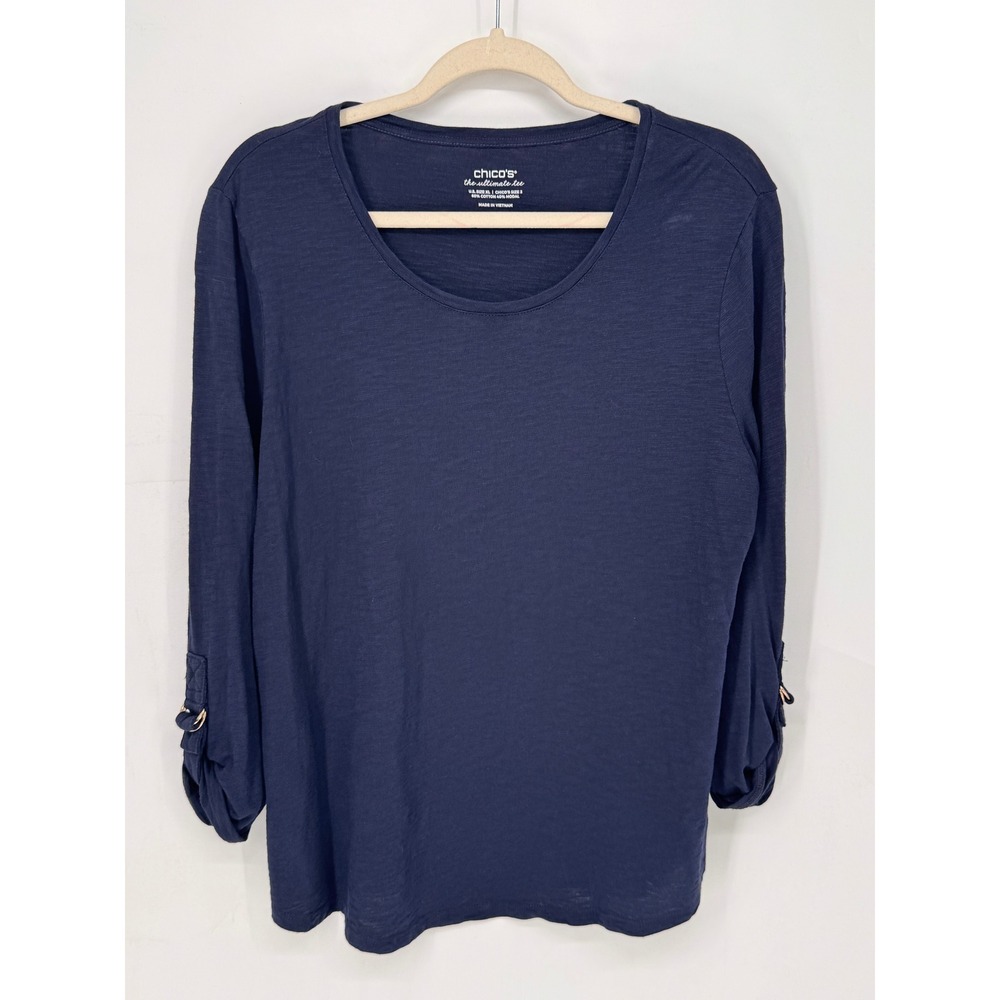 Chico's Ultimate Tee Women XL Navy EUC Roll-Tab Sleeve Slub Knit Scoop Neck